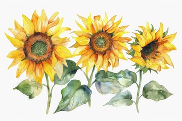 Obraz premium Sunflowers on a white isolated background, watercolor illustration. Yellow flowers. 