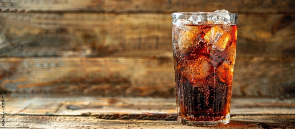Poster glass of cold cola soft drink with ice on wooden background. copy space image. place for adding text