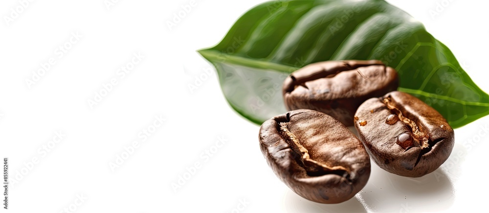 Aufkleber close-up fo two coffee beans with leaves, isolated on white background. copy space image. place for 