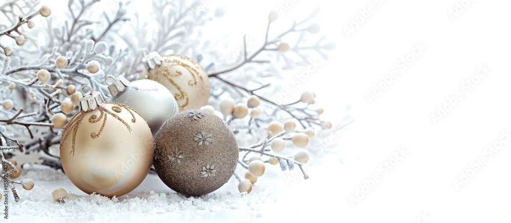 Poster delicate christmas ornaments,isolated on white background. copy space image. place for adding text a