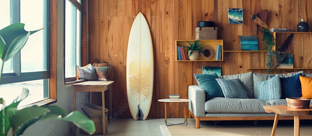 Poster interior of modern stylish room with surfboard, shelving unit and sofa. copy space image. place for 