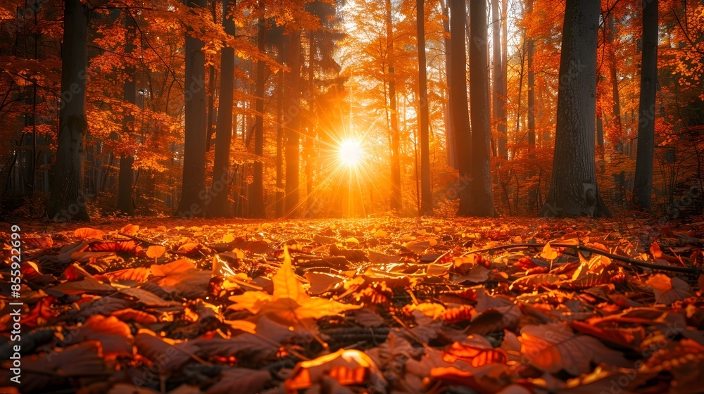 Canvas Prints Vibrant Autumn Forest with Warm Sunlight Filtering Through Vibrant Orange Leaves