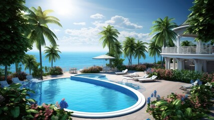 Fototapeta premium panoramic holiday landscape luxury beach poolside resort hotel swimming pool beach