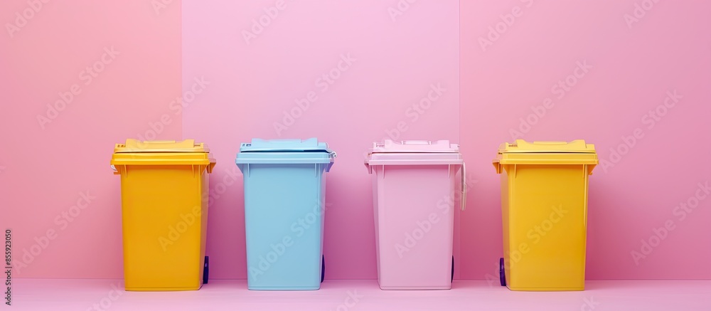 Poster four colorful recycle bins isolated on pastel background. copy space image. place for adding text an