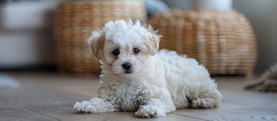 Cute Maltipoo puppy is resting in modern interior. Beloved pet in the natural atmosphere of beautiful home. Copy space image. Place for adding text and design