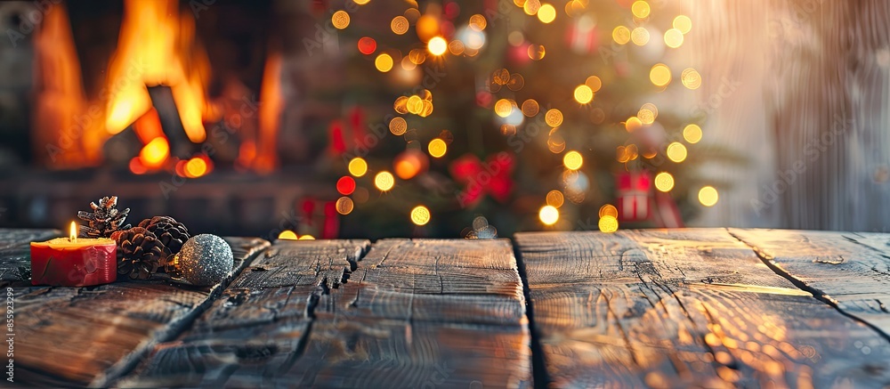 Aufkleber fireplace and wooden desk for your decoration with blurred xmas tree . copy space image. place for a