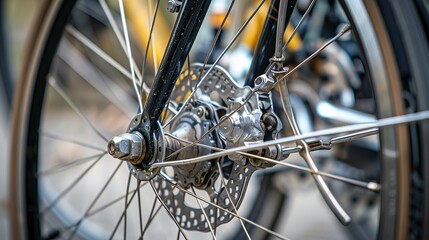 A close-up view of a road bike's brake disc, showing the details of its front wheel axle and damper system used for maintenance in a bike shop.