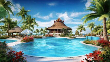 panoramic holiday landscape luxury beach poolside resort hotel swimming pool beach