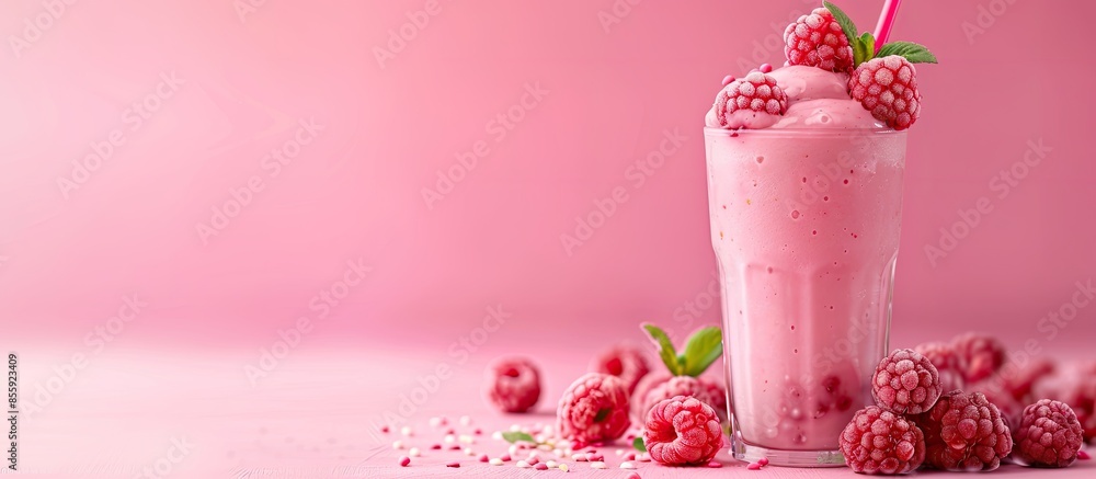 Poster raspberry smoothie in a beautiful glass pastel background. copy space image. place for adding text a