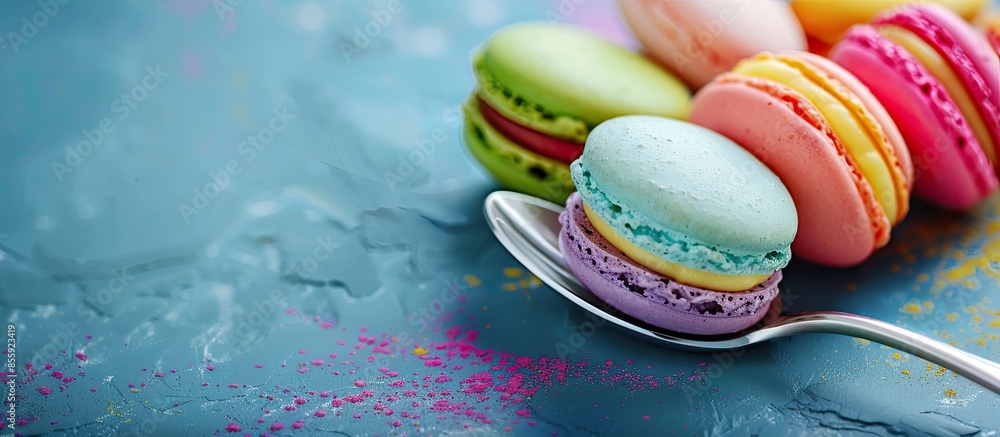 Poster macarons in a spoon on slate pastel background food. copy space image. place for adding text and des