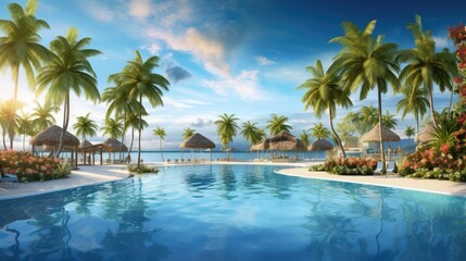 Obraz premium panoramic holiday landscape luxury beach poolside resort hotel swimming pool beach