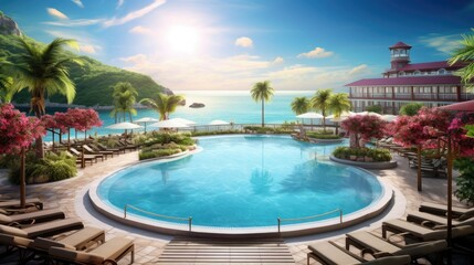 panoramic holiday landscape luxury beach poolside resort hotel swimming pool beach