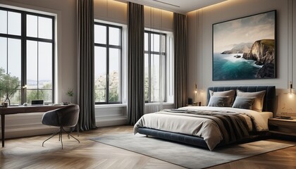 Serene Bedroom Retreat with Panoramic Window and Modern Furnishings