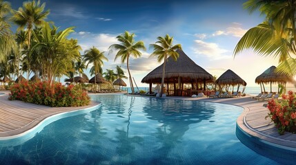 panoramic holiday landscape luxury beach poolside resort hotel swimming pool beach
