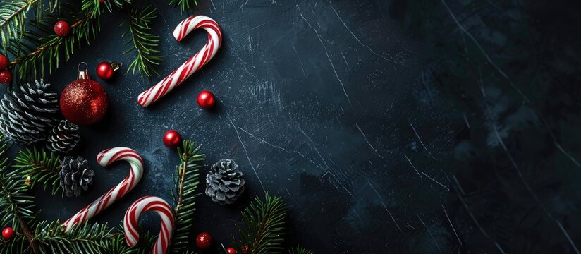 Christmas dark background with christmas decoration, christmas candy canes, fir branch, top view. Copy space image. Place for adding text or design