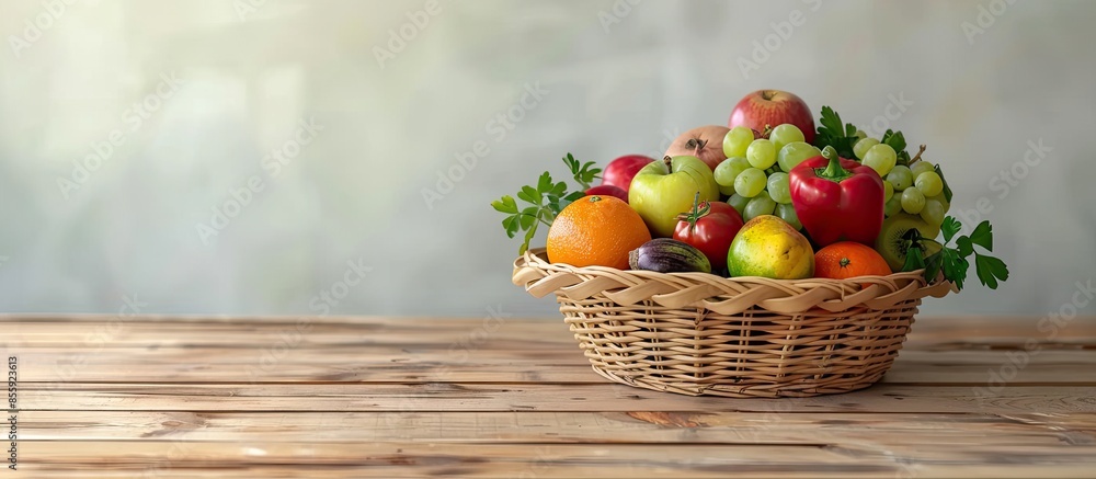Poster fresh fruits and vegetables basket on kitchen. copy space image. place for adding text and design