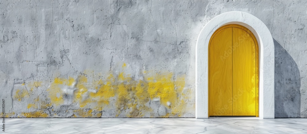 Poster a false arch in white and yellow color palette on a gray cement wall, architectural detail vertical 