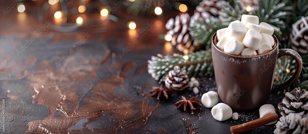 Poster hot cocoa and milk, marshmallow with christmas tree. copy space image. place for adding text and des