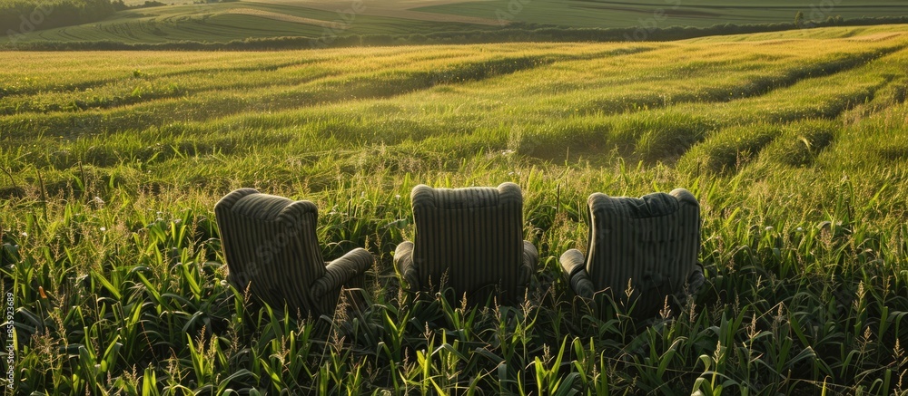 Poster comfortable seats near the field crotalaria. copy space image. place for adding text and design