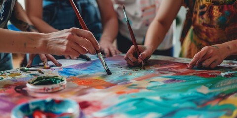 Obraz premium People Engaging in Art Therapy Workshop Using Paints, Brushes, and Canvases to Express Their Artistic Creations. Creativity and Self-Expression for Mental and Emotional Health Benefits. High-Resolutio