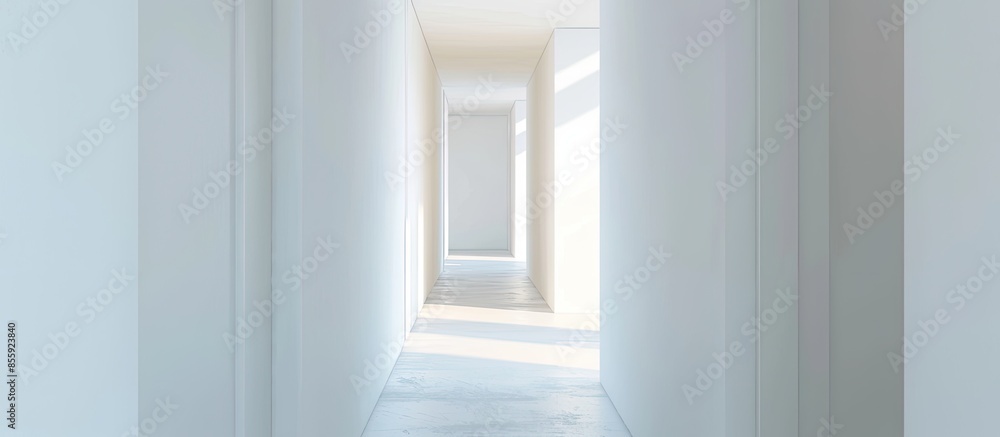Poster narrow empty corridor with doors and white walls in minimalist styled house in daylight. copy space 