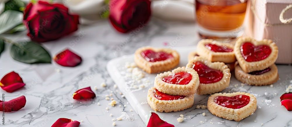 Poster homemade cookies in the form of hearts with red jam on valentine's day. on a marble table with a gif