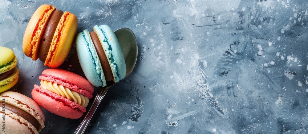 Poster macarons in a spoon on slate pastel background food. copy space image. place for adding text and des