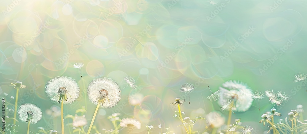 Aufkleber beautiful dandelion in green fesh grass pastel background. copy space image. place for adding text a
