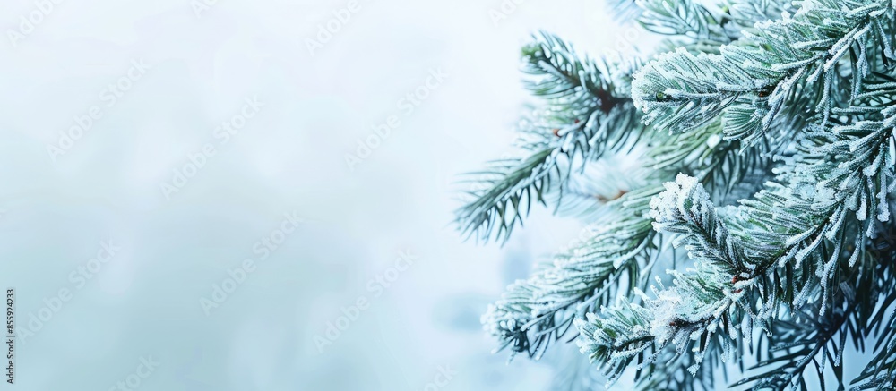 Poster green fresh spruce branch is frozen in the ice cold winter pastel background. copy space image. plac