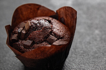 muffin chocolate cupcake sweet dessert cake appetizer meal food snack on the table copy space food background rustic top view
