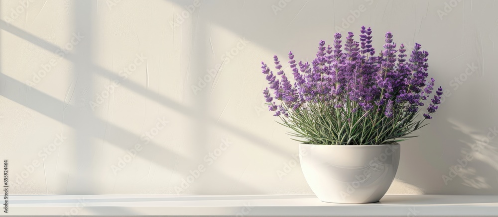 Poster decorative lavender in a white flowerpot on the shelf. copy space image. place for adding text and d