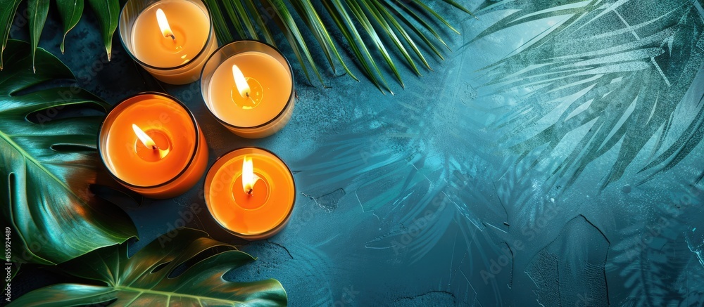 Poster burning wax candles and tropic leaf on table. copy space image. place for adding text and design