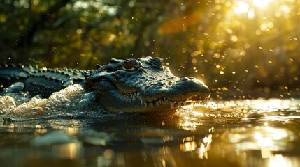 Fototapeta premium A crocodile swimming in a sunlit river, captured in stunning detail. Perfect for nature and wildlife enthusiasts and educational purposes.