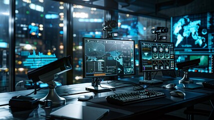 Fototapeta premium Wide banner showcasing security CCTV cameras for surveillance systems.