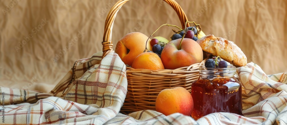 Poster picnic basket filled with fruit , bread and jar with apricot jam on beige plaid. copy space image. p