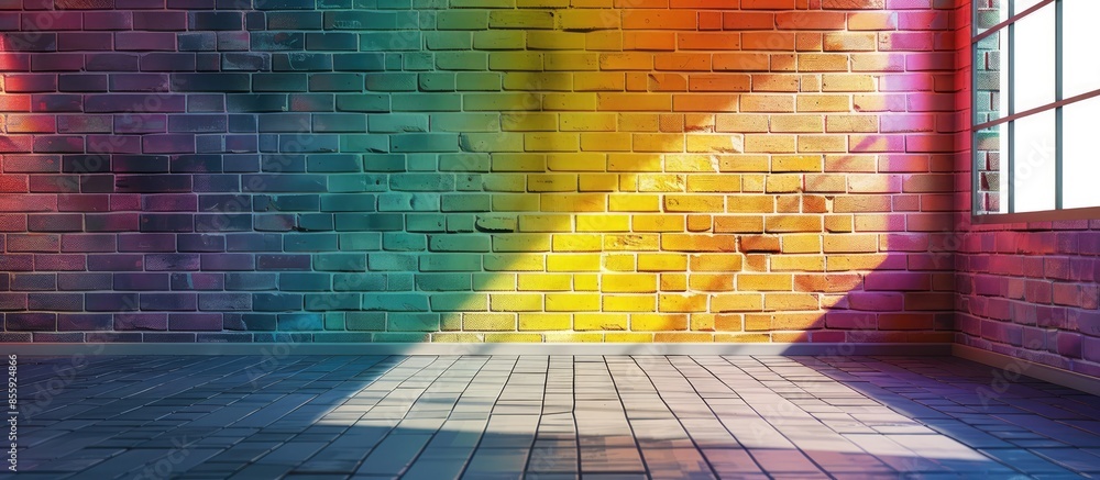 Poster room interior with colorful brick wall and floor. copy space image. place for adding text and design