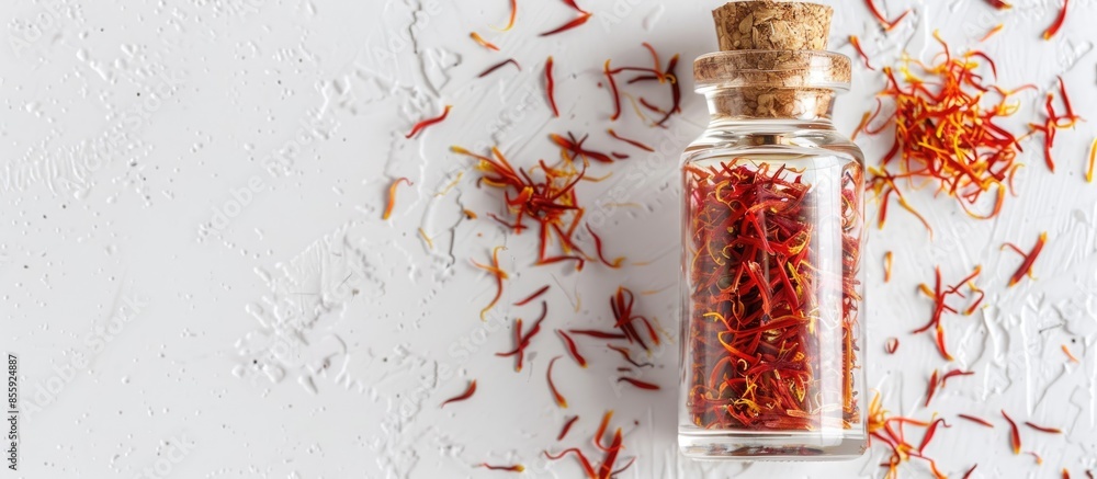 Poster dried saffron threads in a glass bottle and oil extract on a white background. copy space image. pla