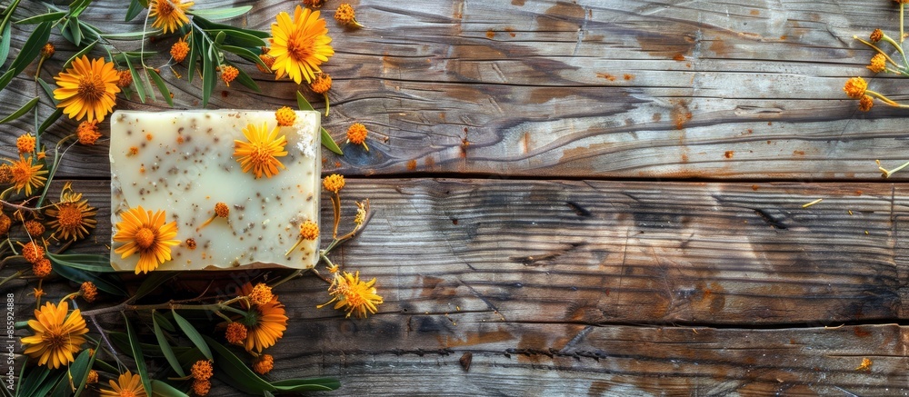 Poster natural handmade soap with calendula (pot marigold) and sea-buckthorn on rustic wooden background. c