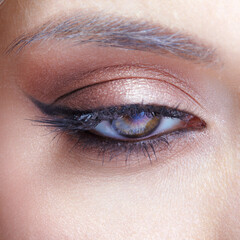 Closeup macro shot of human female eye with black arrows. Woman with natural evening vogue face beauty makeup.