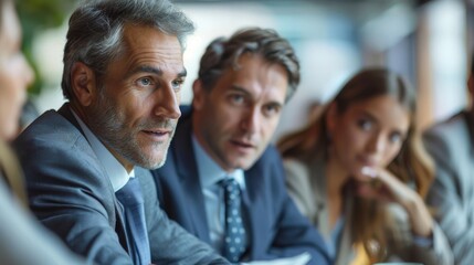 Obraz premium A group of people are sitting around a table, with two men wearing suits