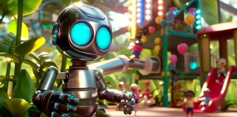 Friendly Robot in Futuristic Indoor Playground