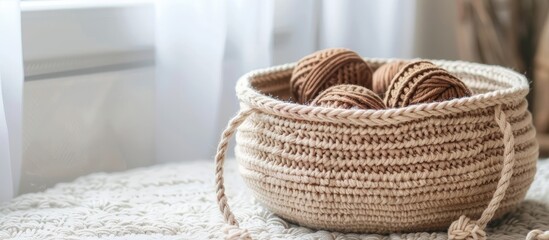 Obraz premium Crochet Home Basket, Accessory for home. Copy space image. Place for adding text and design