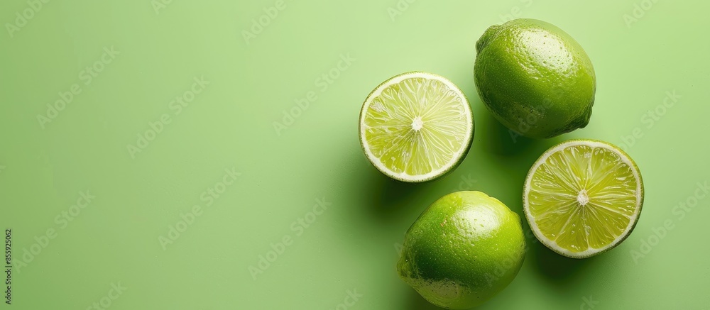 Poster citrus lime fruit isolated on pastel background cutout. copy space image. place for adding text and 