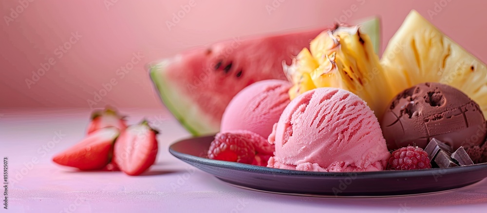 Poster watermelon plum and slice of pineapple and chocolate and fruit ice cream on black plate isolated ove