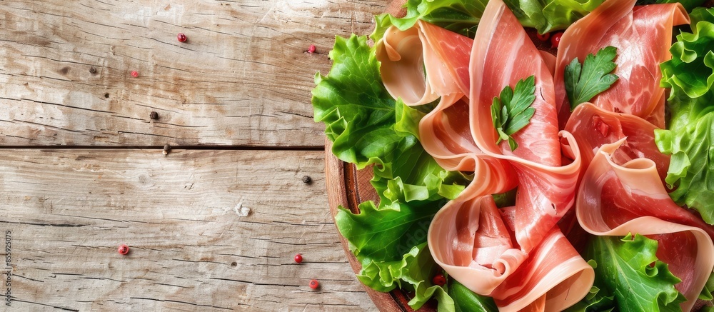 Aufkleber ham serrano with salad leaves on wood background pastel background. copy space image. place for addi