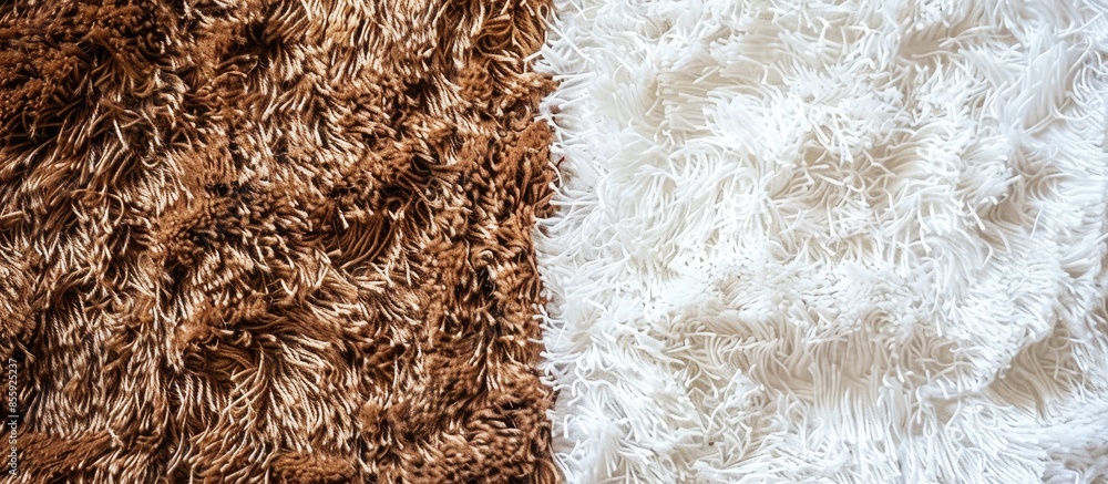 Poster brown and white hairy carpets divide in half. photographed from above. copy space image. place for a