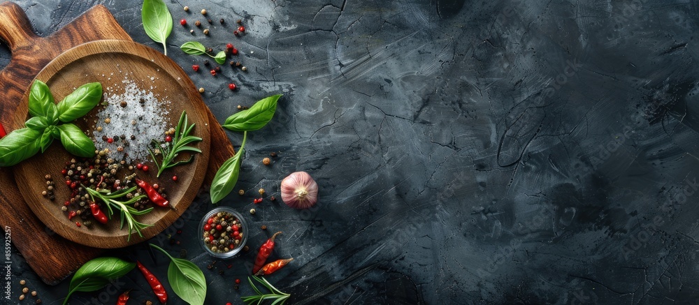 Poster cooking banner. kitchen wooden board and spices on concrete table. free space for text. rustic style
