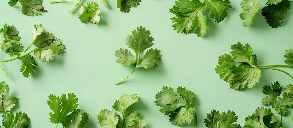 Poster green coriander isolation on a pastel background. cilantro. copy space image. place for adding text 