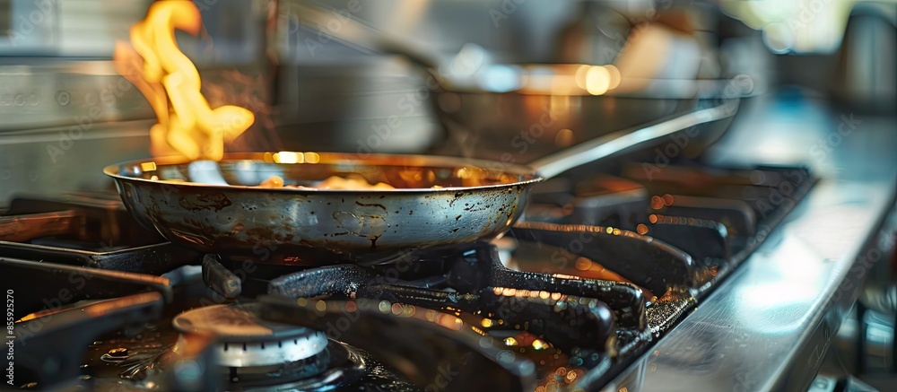 Poster close up of a fry pan on a stove. copy space image. place for adding text and design