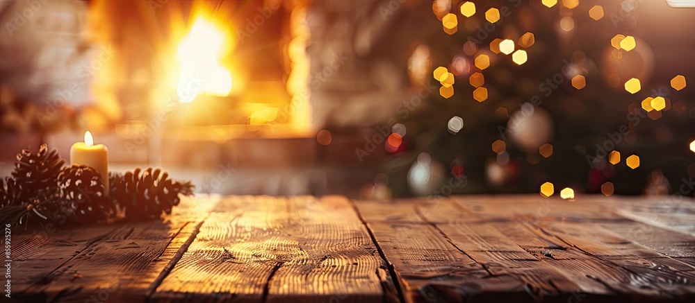 Aufkleber fireplace and wooden desk for your decoration with blurred xmas tree . copy space image. place for a